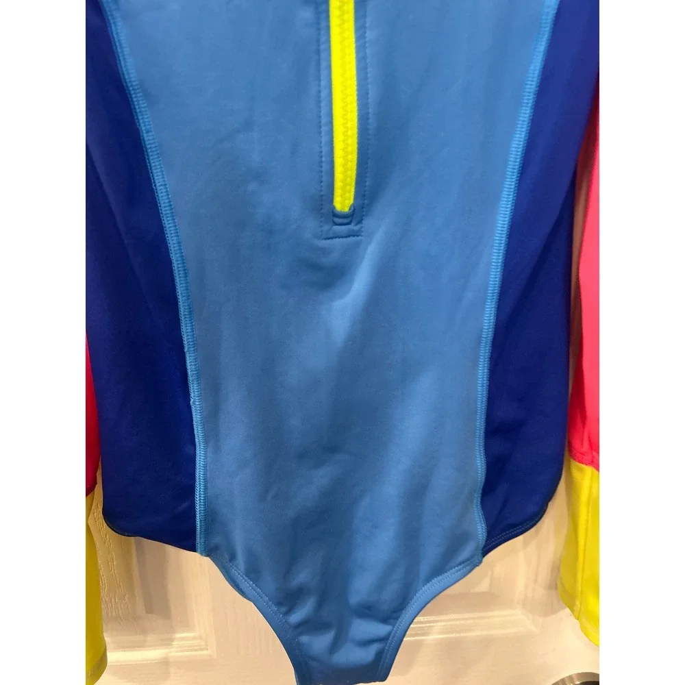 Lands' End Rash Guard One‎ Piece Blue Pink Colorblock Long Sleeve Swimsuit Bin A